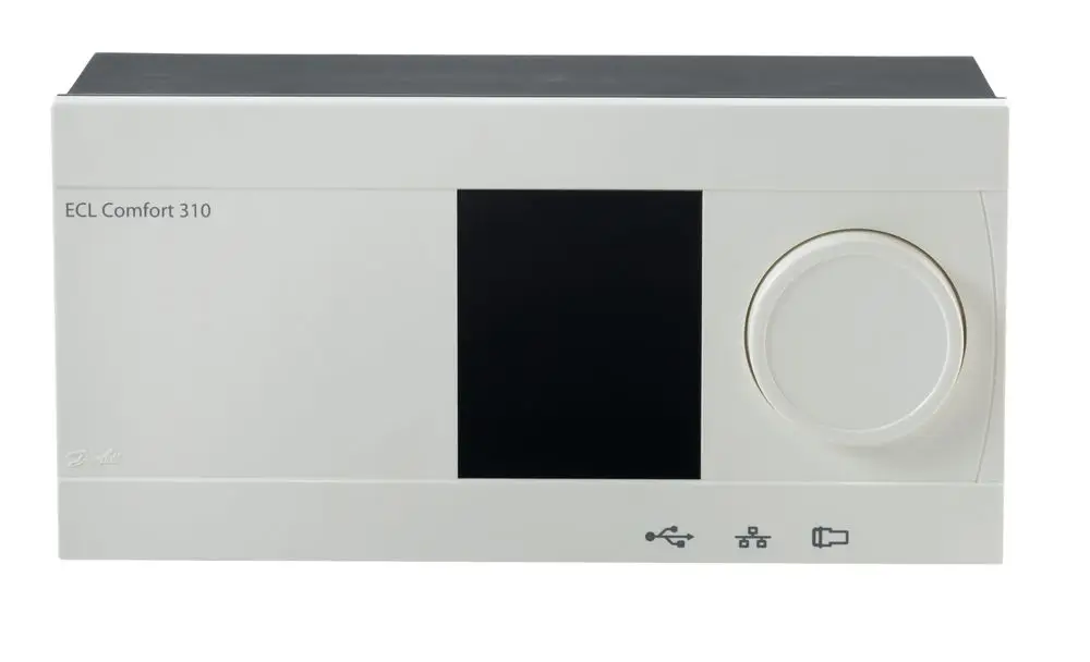 Weißer elektronischer Regler von Danfoss mit einem Drehknopf und mehreren Symbolen auf der Vorderseite, für die Steuerung von Heizungs- oder Klimaanlagen.